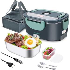 Dosevita Scaldavivande Elettrico Portatile 80W 3 in 1 per Auto Camion e Ufficio 1,5L Scaldavivande Porta Pranzo con Spazzola di Spugna Forchetta e Borsa (Verde)