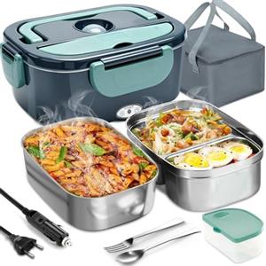 Aotto Scaldavivande Elettrico Portatile con Contenitore 2x1.5L, 80w Porta Pranzo Riscaldabile, Scalda Vivande Elettrico per Auto Camion Ufficio, Schiscetta Pranzo Riscaldabile con Borsa Termica(Verde)