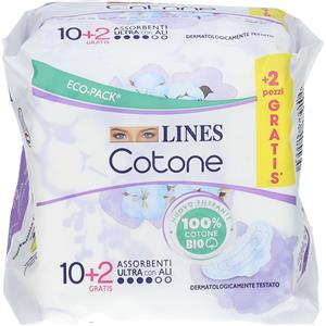FATER SpA LINES Cotone, Assorbenti Ultra con Ali, 10 + 2 Pezzi - 100% Cotone per Comfort e Protezione