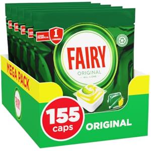 Fairy Detersivo Pastiglie Lavastoviglie, Brillantante, 155 Capsule Lavastoviglie, Original Limone, Azione Pulente Al Primo Lavaggio, Efficace Sul Grasso Incrostato Con Azione Brillante