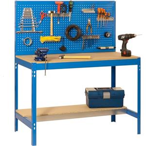 Simon Rack Banco da lavoro per officina, capacità di carico 400 kg, 1445x910x610 mm, Pannello Forato, Tavolo da lavoro fai da te, Blu/Legno - BT2