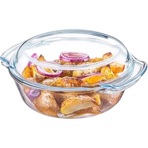 KADAX Pirofila per Cottura da Forno in Vetro Trasparente, Casseruola Rotonda con Coperchio da Cucina, Piatto Resistente al Calore per Lasagne (2.4 L)