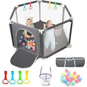 CHOLY Box per neonati e bambini piccoli, robusto box esagonale con rete traspirante, recinzione per attività per bambini, per interni ed esterni, con borsa da viaggio (grigio scuro)