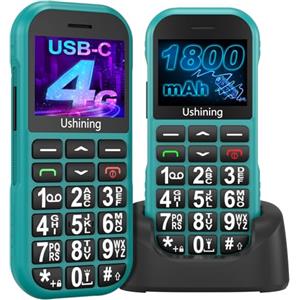USHINING 4G Telefono Cellulare per Anziani, Facile da Usare Cellulare per Anziani con Tasti Grandi Volume Alto Pulsante SOS USB C Base di Ricarica Chiamata Rapida Torcia Sveglia 1800mAh Batteria, Verde