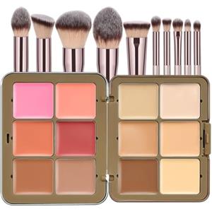 JasCherry Palette Makeup 12 Colori con Pennelli 10 Pezzi, Ombretti Pigmentati, Fard, Tecnologia Morbido e Anti-Caduta per Occhi e Viso