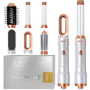 UKLISS Hair Styler 6 in 1, Phon Spazzola Asciugacapelli con Piastra Capelli, Arricciacapelli Automatico, Hair Dryer, Thermal Brush, Spazzola Aria Calda per Donne Ricci, Lisci, Voluminosi - Bianco