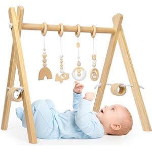 Vicloon Palestrina Neonato, Arco Gioco Legno Naturale, Palestra Multifunzione per bambini con 4 Giocattoli Sensoriali e 12 Anelli di Legno, Palestra da Gioco, Palestra Neonati per Bambini 0+ mesi