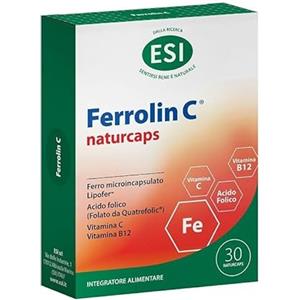 ESI, Ferrolin C, Integratore Ferro, Acido Folico, Vitamina C e B12, Per la Normale Funzione del Sistema Immunitario, Riduzione di Stanchezza e Affaticamento, 30 Naturcaps