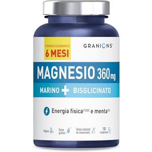 GRANIONS - Magnesio Bisglicinato + Magnesio Marino - FORMATO 6 MESI | Magnesio Marino + Magnesio Bisglicinato + Vitamina B6 | Magnesio di Alta Qualità | Antistress | 180 Compresse di Magnesio