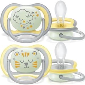 AVENT Succhietto Philips Avent Ultra Air Nighttime - Confezione da 2, ciuccio fluorescente traspirante senza BPA per bambini dai 18 mesi in su, include scatola di trasporto e sterilizzazione, Cloud/Tiger