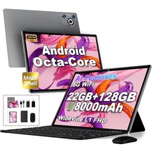Dghrti 2026 Tablet 10 Pollici [128GB ROM 8000mAh] Android Tablet 22GB RAM/TF 1TB, Octa-Core, Face ID, 8MP+5MP, 2.4G/5G WiFi, Widevine L1, Tablets PC Corpo in Metallo con Tastiera, Mouse -Grigio