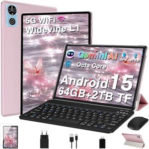 DEERTiME AI Tablet 10 Pollici Android 15, 30GB RAM+64GB ROM(TF 2TB), 8 Core 2.0 Ghz, 5G+2.4G Wi-Fi, BT 5.0, 8MP+5MP, Cast, 1280 * 800 FHD, Widevine L1, GMS Tablet PC con Tastiera e Mouse,Caso (Oro rosa)