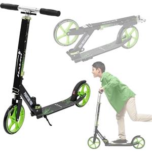 Hauki Monopattino da Città Verde, Pieghevole e Regolabile in Altezza, con Ruote XXL e Freno al Pedale, Scooter Urbano per Bambini e Adulti con Cavalletto e Tracolla, Patinete a Spinta