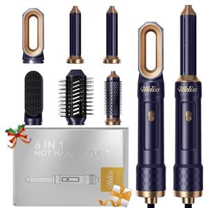 UKLISS Hair Styler 6 in 1, Phon Spazzola Asciugacapelli con Piastra Capelli, Arricciacapelli Automatico, Hair Dryer, Thermal Brush, Spazzola Aria Calda per Donne Ricci, Lisci, Voluminosi - Blu