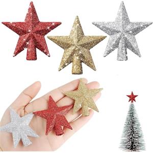 TIutmivo Puntale per albero di Natale a forma di stella con glitter, 6 cm, Mini puntale per albero di Natale per decorazione di abete, 3 pezzi