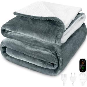 MYCARBON Coperta Elettrica Riscaldante 180x160cm, 6 Temperature da 30°C a 45°C, 9 Opzioni Timer 1-9h, Coperta Termica Matrimoniale Basso Consumo Lavabile(Grigio Chiaro)