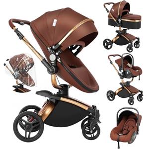 Veitoalioy PU Pelle Passeggino 3 in 1 Trio Neonati, 360° Sedile Girevole 3 in 1 Passeggini Per Neonato, Carrozzino multifunzione, Passeggino Pieghevole (906 Brown)