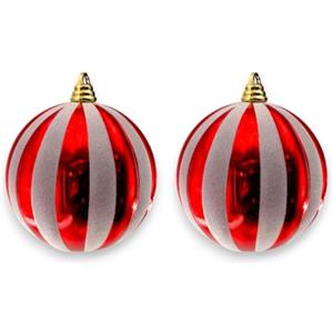 KORAT Set 2 Palline Natalizie 15 cm - Decorazioni Albero di Natale in Plastica Lucida con Finitura Glitter - Colori Disponibili: Rosso/Bianco, Oro/Bianco, Rosso/Verde - Box 30x30x15 cm (Rosso/Bianco)
