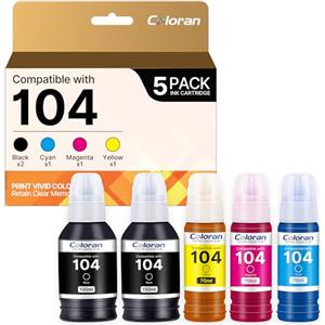 Coloran 104 Inchiostro Compatibile con Cartucce Epson 104 Ecotank Multipack per ET-2710 ET-2721 ET-2711 ET-2810 ET-2714 ET-2720 ET-2870 ET-2875 ET-2820 (Nero Ciano Magenta Giallo, 5-Pack)