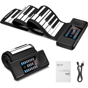 POGOLAB Tastiera pianoforte arrotolabile a 61 tasti, pianoforte portatile con 15 demo/128 toni/128 ritmi/altoparlante/uscita MIDI, pianoforte arrotolabile pieghevole ricaricabile per principianti