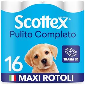 Scottex Pulito Completo Carta Igienica, Morbida e Resistente, Con fibre di Cotone, Fatto in Italia, 16 Rotoli Maxi