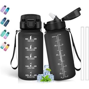Grsta Borraccia, 500ml Borraccia Bambini, Borraccie con Cannuccia, Senza Perdite, Borraccie Motivazionale con Scala Temporale, Facile da Pulire, per Scuole, Campeggio, Nero