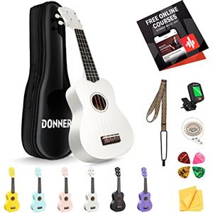 Donner Ukulele soprano per principianti adulti ukelele con cinturino online gratuito per lezioni cinturino sintonizzatore stringa, DMU-01 21 pollici opaco ukalee Bundle Kit Macaron Series-Bianco
