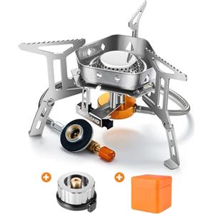 Odoland Mini Stufa da Campeggio, 3500 W Fornello a Gas da Campeggio Antivento, Fornellino Pieghevole in Acciaio con Accensione Piezoelettrica, Mini Stufa da Trekking Ultraleggero e Durevole, Rosso