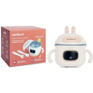 Miniland Scaldabiberon Portatile Senza Fili 7500mAh, Scalda Pappa Portatile Neonato da Viaggio e Scaldavivande a Batteria, Kit Svezzamento con Posate, Display LED, 3 Temp | Warmy Food On the Go