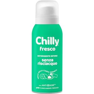 Chilly Senza Risciacquo, Detergente Intimo Senza Risciacquo Fresco, Da usare sulla Carta Igienica, Formula in Mousse a pH5, Arricchito con mentolo naturale, Con Anti-Odor, Clinicamente Testato - 100ml