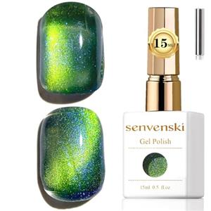Senvenski Gelatina Vetro Cat Eye Smalto Semipermanente, 15ML Occhi di Gatto Magnetica per Gel Unghie Kit Olografico Glitterato Cristallo Smalti Unghie Salon Home DIY (Aurora Verde, 0.5fl oz)