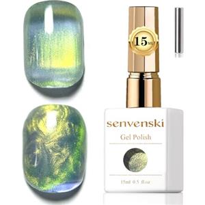 Senvenski Gelatina Vetro Cat Eye Smalto Semipermanente, 15ML Occhi di Gatto Magnetica per Gel Unghie Kit Olografico Glitterato Cristallo Smalti Unghie Salon Home DIY (Aurora Sirena Verde, 0.5fl oz)