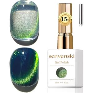 Senvenski Gelatina Vetro Cat Eye Smalto Semipermanente, 15ML Occhi di Gatto Magnetica per Gel Unghie Kit Olografico Glitterato Cristallo Smalti Unghie Salon Home DIY (Costa Verde, 0.5fl oz)