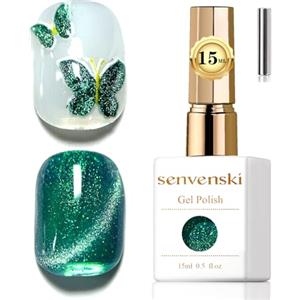 Senvenski Gelatina Vetro Cat Eye Smalto Semipermanente, 15ML Occhi di Gatto Magnetica per Gel Unghie Kit Olografico Glitterato Cristallo Smalti Unghie Salon Home DIY (Foresta Verde, 0.5fl oz)