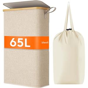 Lifewit Cesto Portabiancheria Salvaspazio 65L, Cesta Biancheria Sporca con Coperchio, Porta Biancheria Sporca Slim per Bagno, Laundry Basket per Camera da Letto, Bagno, Lavanderia, Beige