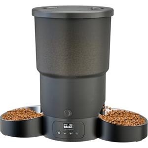 Gimars 5L Distributore Automatico Cibo Gatti 2 Ciotole in Acciaio Inossidabile, Distribuzione Uniforme, Dispenser Crocchette Gatti e Cani Programmabile da 1-6 Pasti al Giorno, Registrazione Vocale 10s