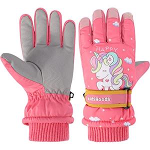 JUPSK Guanti da sci invernali per bambini, motivo unicorno, rosa, impermeabili, antiscivolo, foderati in peluche, guanti termici da snowboard per ragazze e ragazzi dai 6 ai 12 anni