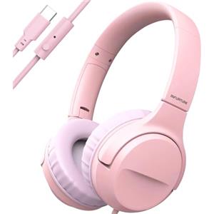 INFURTURE CH3 - Cuffie USB C per bambini, con cavo di tipo C, per ragazzi e ragazze, con limitatore di sicurezza 94 dB, suono stereo HD, cuffie on/over ear per tablet, scuola, viaggi (rosa)