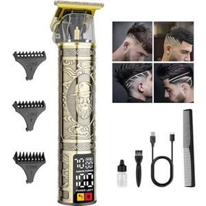 LQT Forbici da barbiere da uomo, senza fili, con lama a T, set professionale per taglio di capelli e cura, con display LCD, regalo per uomini (bronzo, fischietto)