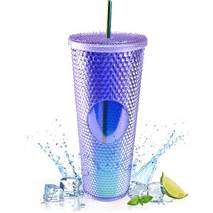 REFORUNG Bicchieri di Plastica con Coperchio e Cannuccia da 710ml Tazza con Borchie Opache Bicchiere da Viaggio di Plastica a Doppia Parete Tazza da Caffè per Tutti i Tipi di Bevande Fredde o Calde