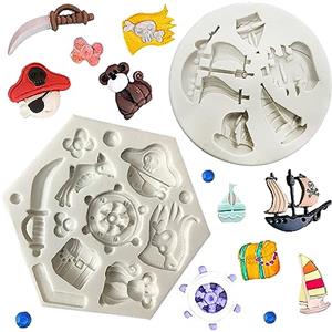 SUNSK Stampo in silicone per fondente in pirata 3D, in silicone, per cioccolato, motivo: nave dei pirati, orso, barca dei pirati, timone, ancora, in silicone, per feste dei pirati, 2 pezzi