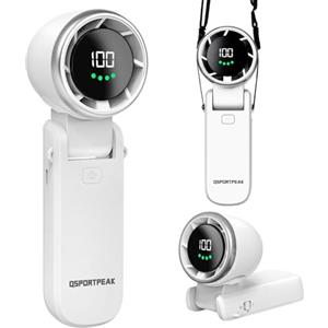 QSPORTPEAK Ventilatore Portatile a Mano,Mini Turbo Ventilatore Regolabile in Velocità(1-100),Batteria Ricaricabile da 4000mAh,Display Digitale,3 in 1 mano/scrivania/collo ventilatore,Viaggi/Campeggio-Bianco