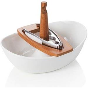 Brandani 54143 Ciotola portanoci barchetta in porcellana bianca e bamboo con schiaccianoci in metallo cromato