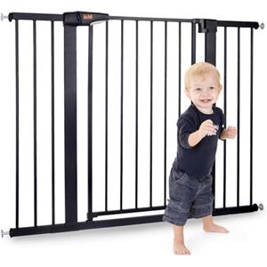 LAOYE cancelletto per bambini, Cancelletto per scale senza trapano, altezza extra alta 76 cm, larghezza 75-124 cm con 3 estensioni, per bambini, cani gatti, chiusura automatica arresto a 90°-Nero
