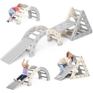 Lischwert Montessori - Set di impalcature da arrampicata per interni, con struttura triangolare, semicerchio, scivolo in plastica, per bambini (PJ004-arancione)