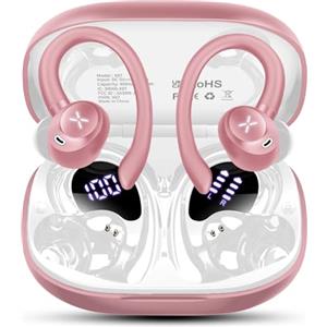 Cillso Cuffie Bluetooth Sport, Auricolari Bluetooth 5.4 Sport Con Stereo Hifi, 50 Ore Cuffie Wireless Con 4 ENC Cancellazione Rumore Mic,IP7 Impermeabile,LED Display,Cuffiette Con gancio auricolare, Oro rosa