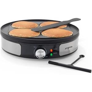Progress Crepe Maker Reversibile - Piastra di Cottura 30 cm, Inserto per Pancake Scozzesi, Rivestimento Antiaderente, Spargitore di Pastella e Spatola, Controllo della Temperatura Regolabile, 1000W