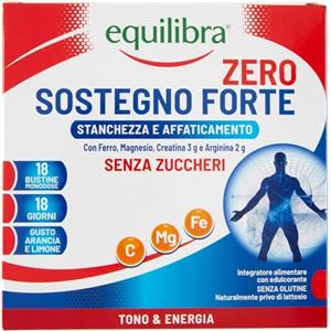 Equilibra, Sostegno Forte Zero, Integratore Stanchezza, 18 Bustine, Con Magnesio, Ferro, Creatina (3g), Arginina (2g), e Beta-Alanina (400mg), Gusto Arancia e Limone, Senza Zuccheri