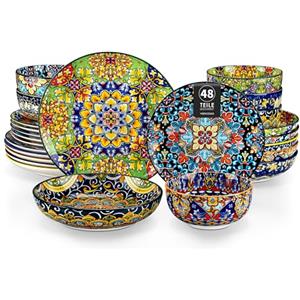 vancasso Serie SIMI Servizio Piatti 48 Pezzi per 12 Persone, Colorati Boho in Ceramica - 12 Piatti Piani, 12 Piatti da Dessert, 12 Ciotole per Pasta e 12 Ciotole per Cereali, Lavabili in Lavastoviglie