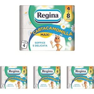 Regina Cartacamomilla - 4 Rotoli di Carta Igienica, 300 Soffici Fogli a 3 Veli, Delicata e Consistente, Profumo di Camomilla, Confezione in Carta Riciclabile, 100% Certificata FSC (Confezione da 4)